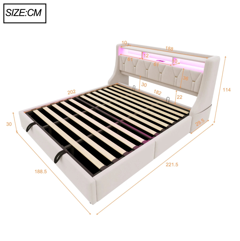 Letto imbottito 180x200 cm con contenitore idraulico, LED e testiera multifunzione