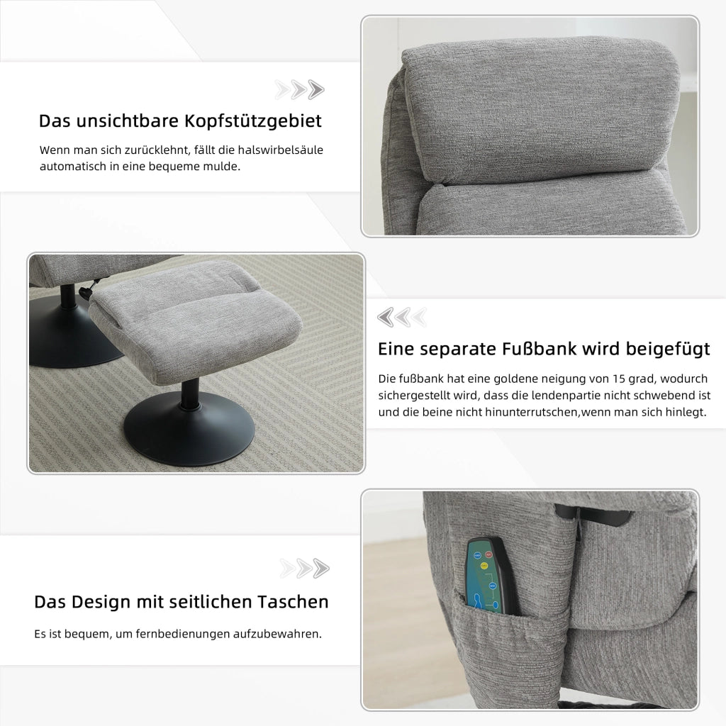 Fauteuil relax in ciniglia con massaggio a 5 punti, funzione riscaldante, girevole 360° e poggiapiedi grigio