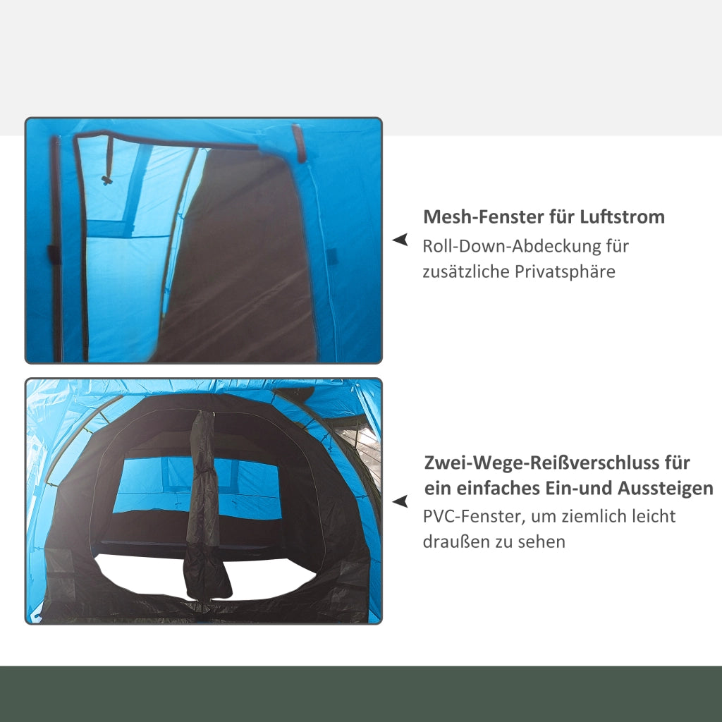 Tenda a tunnel, tenda da campeggio per 4 persone con 2 stanze, protezione UV, finestre, borsa per il trasporto, colonna d'acqua 2000 mm, blu
