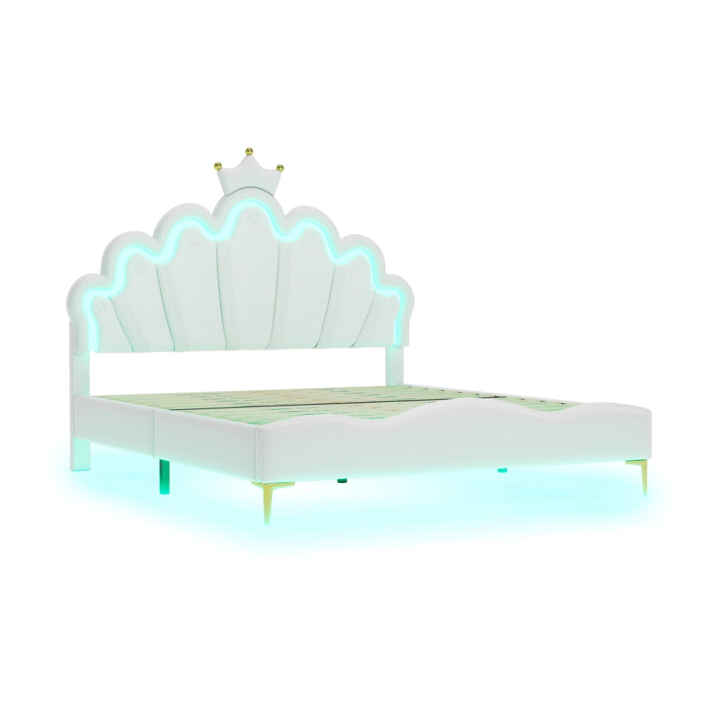 OKWISH Letto Matrimoniale 140×200 cm con LED Regolabile e Testiera Corona, Altezza Regolabile, senza Materasso, in PU, Bianco