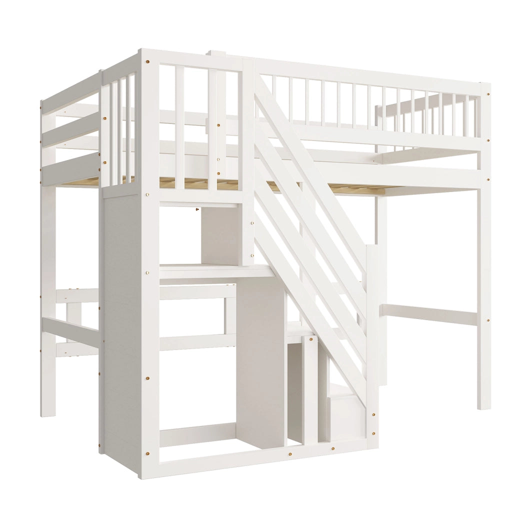 Letto a soppalco in legno massello con scala contenitore e recinzione alta; bianco; 90x200 cm; senza materasso