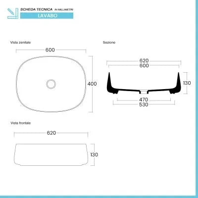 Lavabo da appoggio 60 cm rettangolare in ceramica bianco lucido  Milos