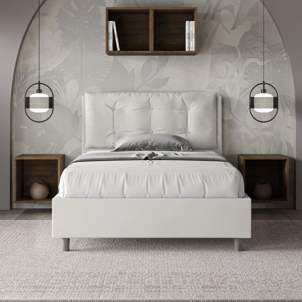 BS COM Letto una piazza e mezza con rete imbottito 120x190 similpelle bianco