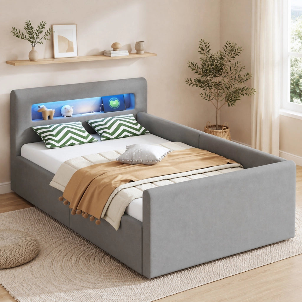 LETTO imbottito 90x200 cm in velluto grigio con LED, USB e contenitore idraulico