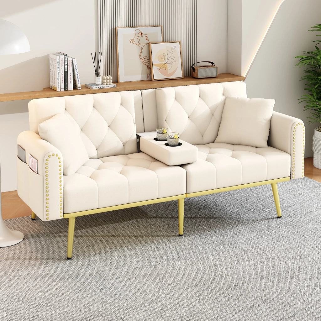 Divano letto multifunzionale in velluto beige 2 posti con schienale regolabile e portabicchieri