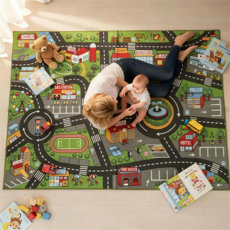 Tappetino per gattonare, tappetino da gioco 200x150x0,5 cm, coperta antiscivolo con lato inferiore antiscivolo, motivo citt¨¤ per la cameretta dei