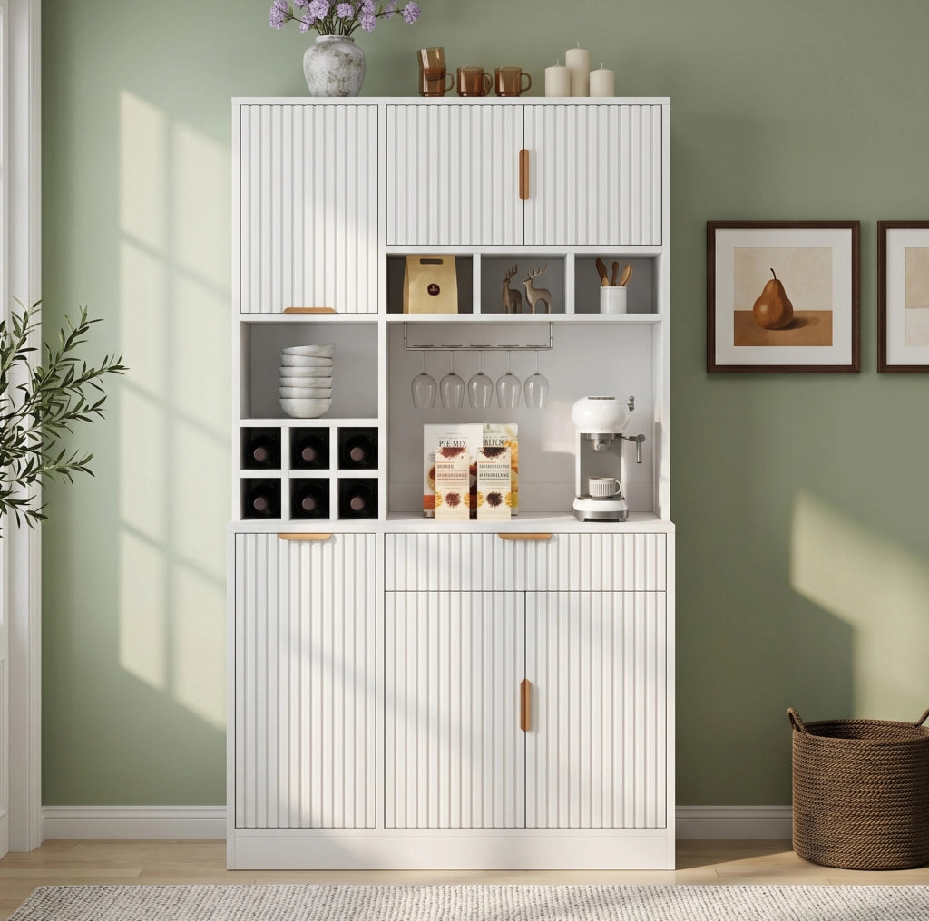 Credenza alta da cucina con ripiani regolabili e porta bottiglie 100x40x175 cm; bianco