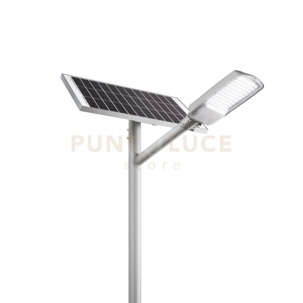 FARO SOLARE STRADALE LED RADIUS SILVER 64W 4200LM 3000K CON PANNELLO SOLARE IP65 48,6X8,7X20,7CM