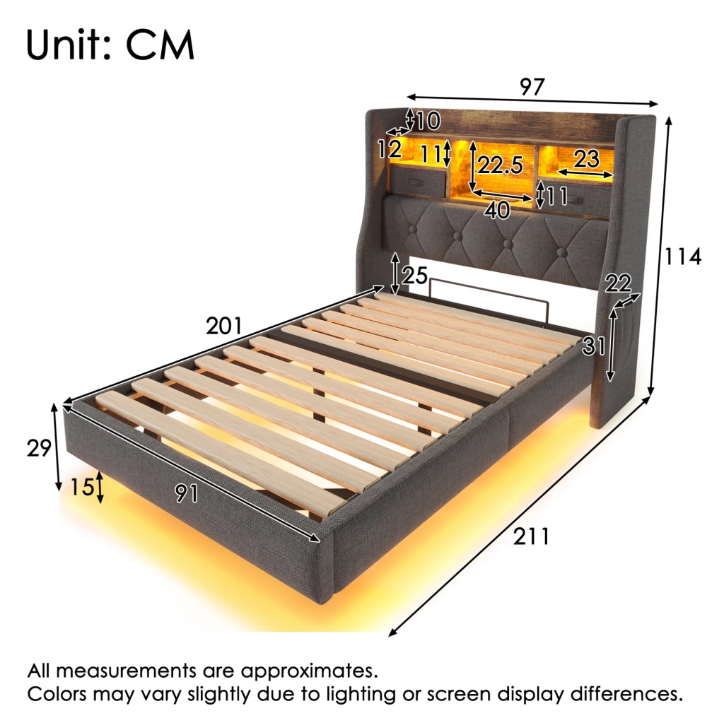 Letto singolo 90x200 cm con LED, testiera contenitiva e porte USB/Type-C