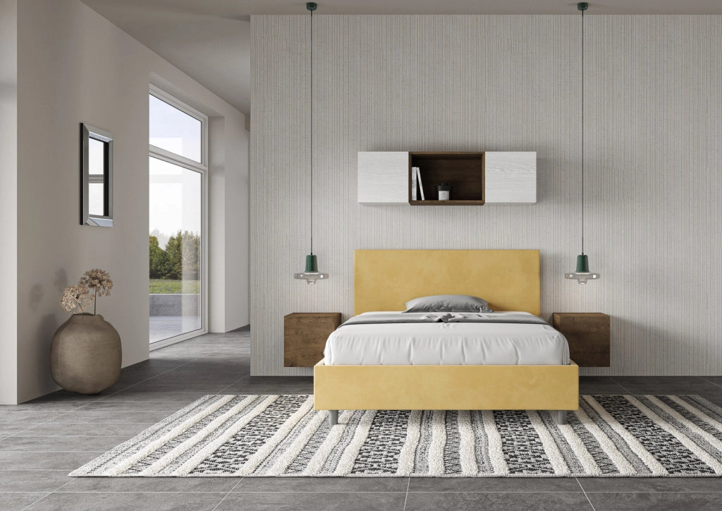 BS COM Letto una piazza e mezza con rete imbottito 130x200 microfibra ocra