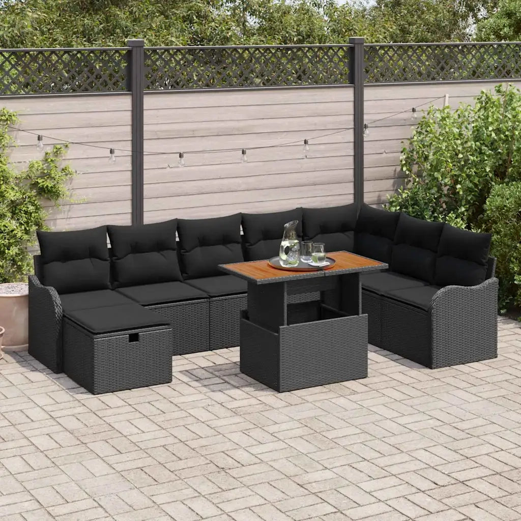 Set Divano da Giardino 9 pcs Nero polyrattan