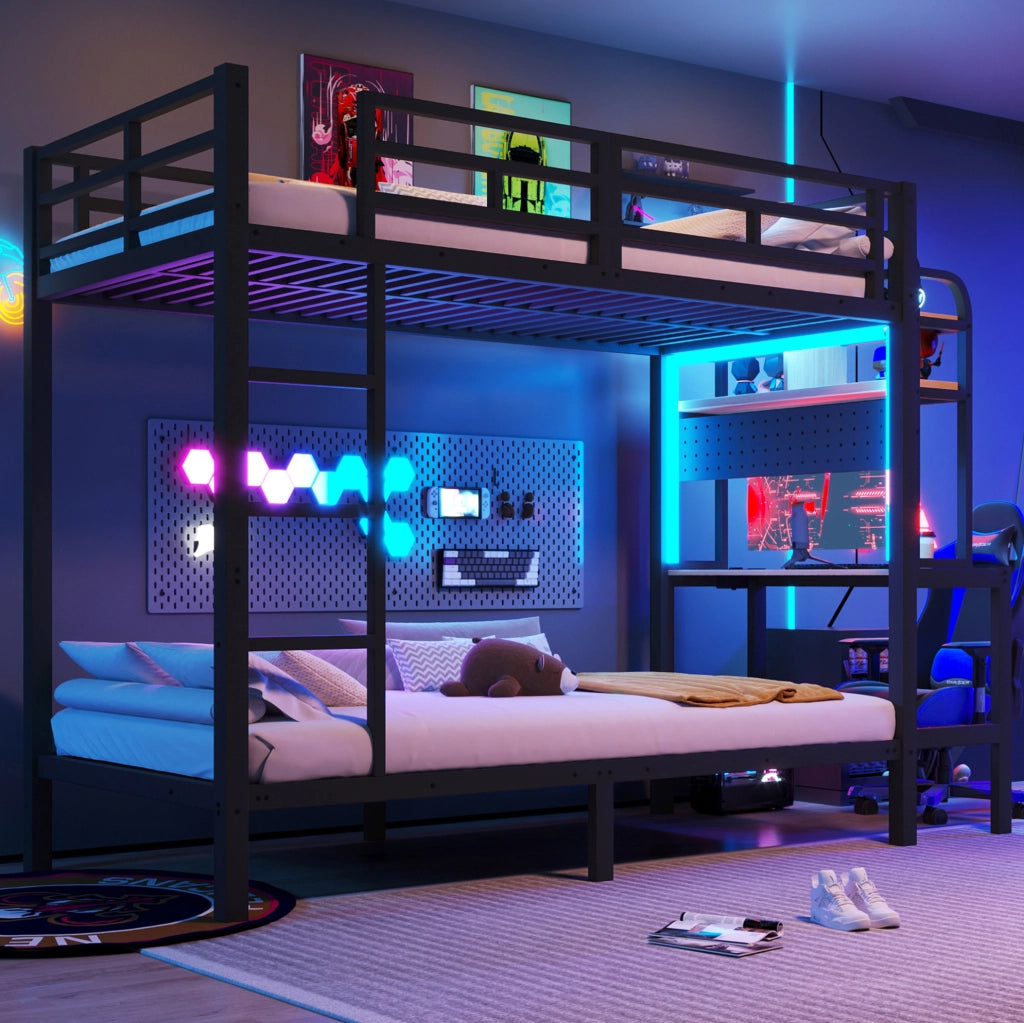 Letto a castello 90x200 cm con scrivania, ripiani, LED e USB