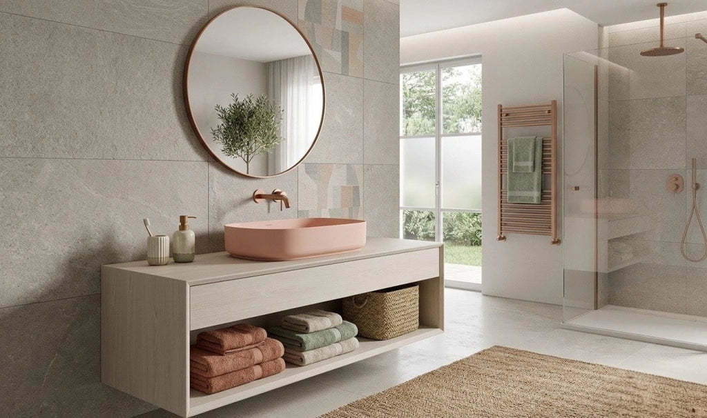 Lavabo ovale da appoggio senza troppo pieno in ceramica senza foro rubinetto - Salmone Opaco