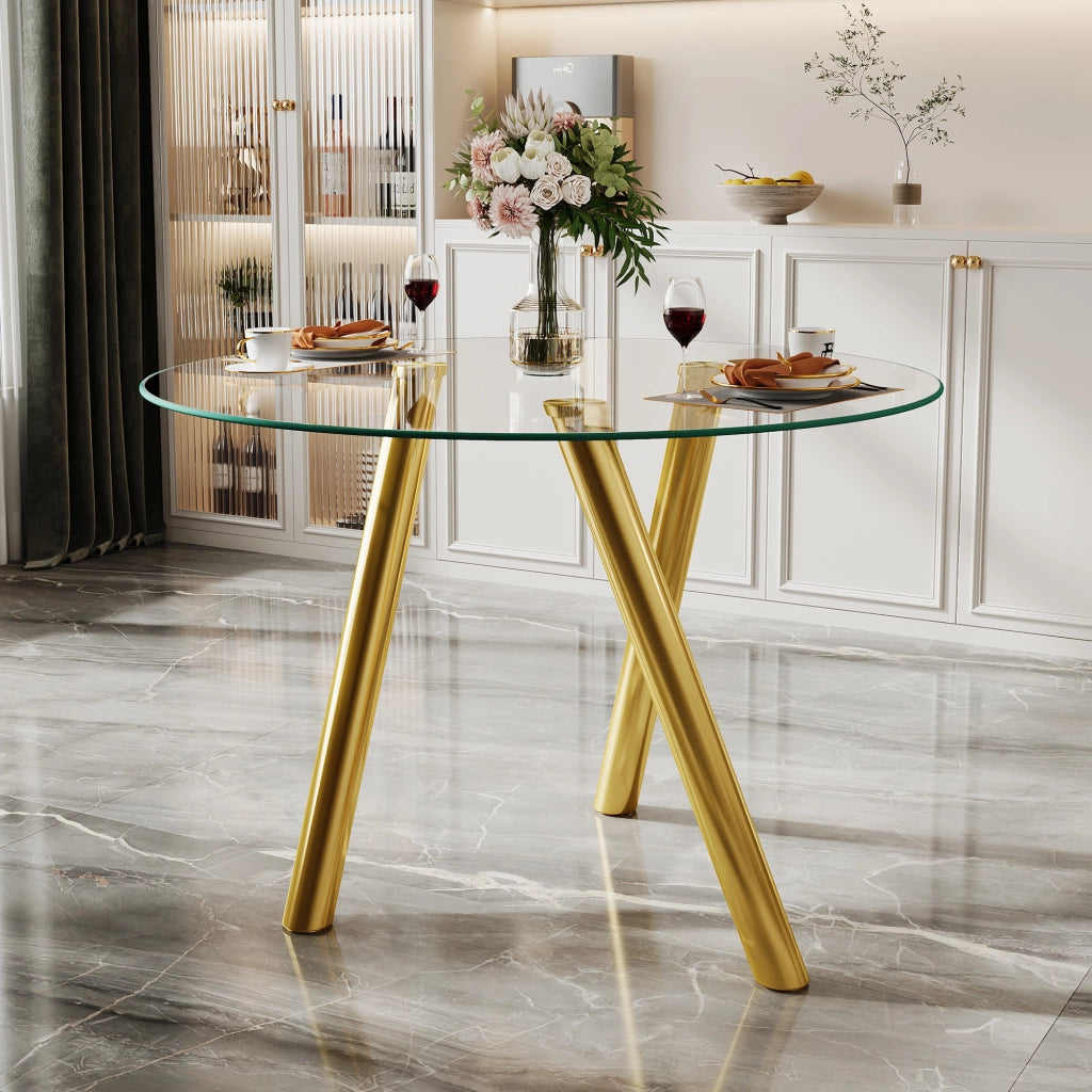 Tavolo da Pranzo Rotondo ¨C MINIMAL ¨C Vetro Temperato, Gambe in Metallo Oro, ?89 cm