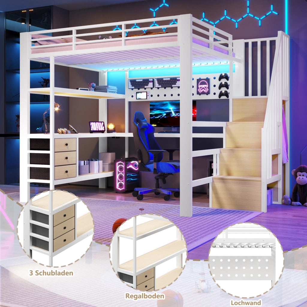 DESMIU Lit mezzanino 140 × 200 cm 1 posto con 3 cassetti, LED regolabile, presa, senza materasso, in MDF e metallo, bianco
