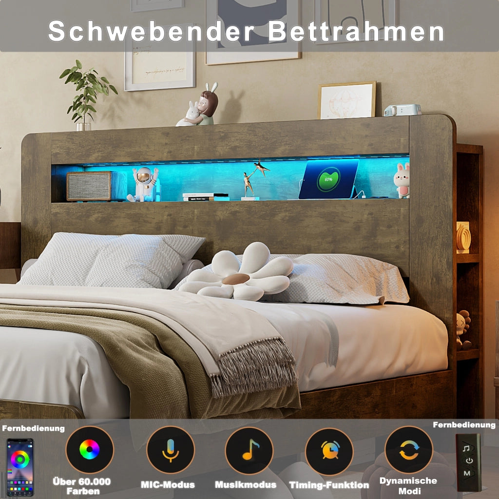 Letto in legno 140x200 cm, con contenitore e ripiani, illuminazione a LED, presa di ricarica, stile retro, marrone