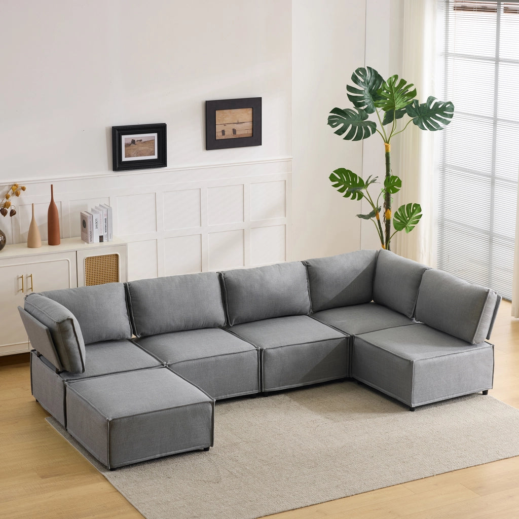Divano Modulare 5 Posti con Legno ¨C MINIMAL ¨C Tessuto Grigio Chiaro