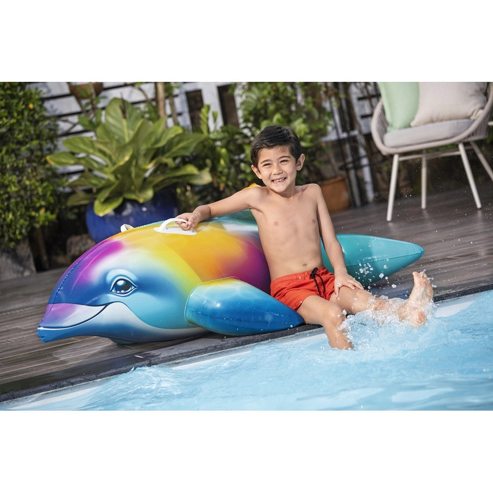 Trade Shop - Cavalcabile Gonfiabile Galleggiante A Forma Di Delfino Arcobaleno Maniglie 168x66cm 41541 -
