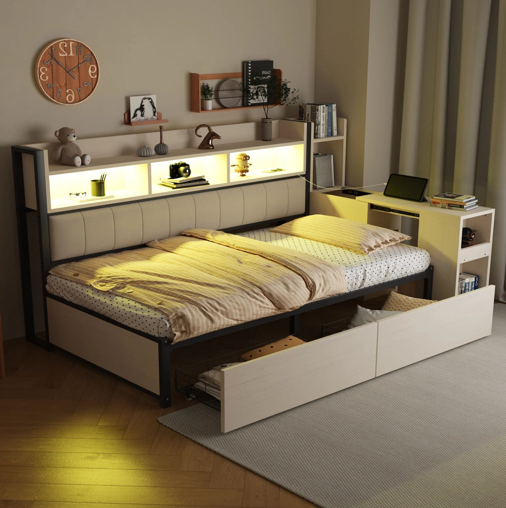 Letto singolo multifunzione 90x200 cm con scrivania mobile; contenitori e prese; bianco e legno