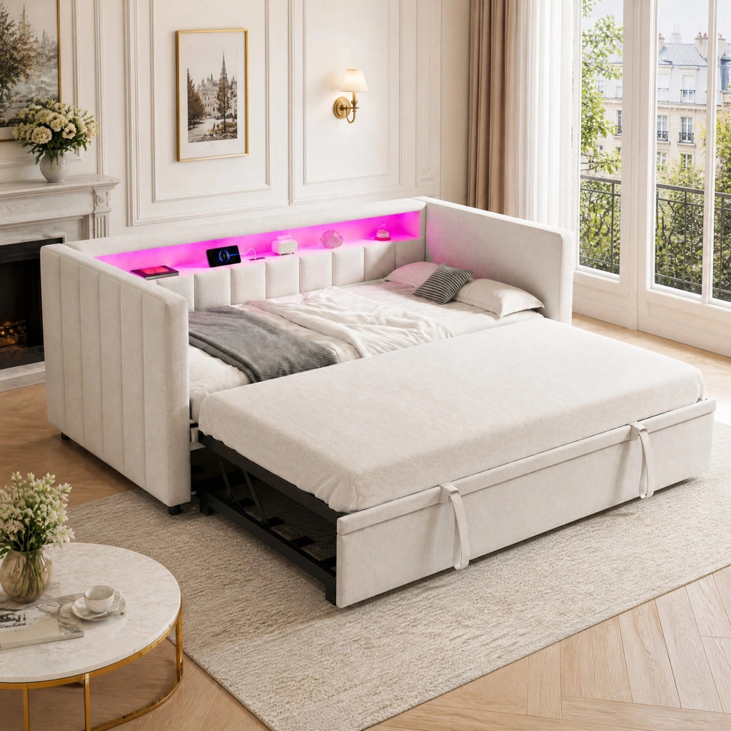 Divano letto estraibile 90x190 cm in velluto beige con LED; USB Type-C e struttura legno-metallo