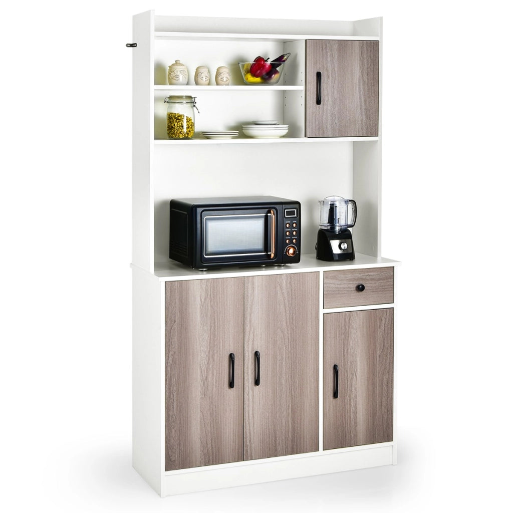 Armadio da cucina alto 180cm con stazione di ricarica integrata, Buffet con vetrina piano per microonde cassetto Bianco