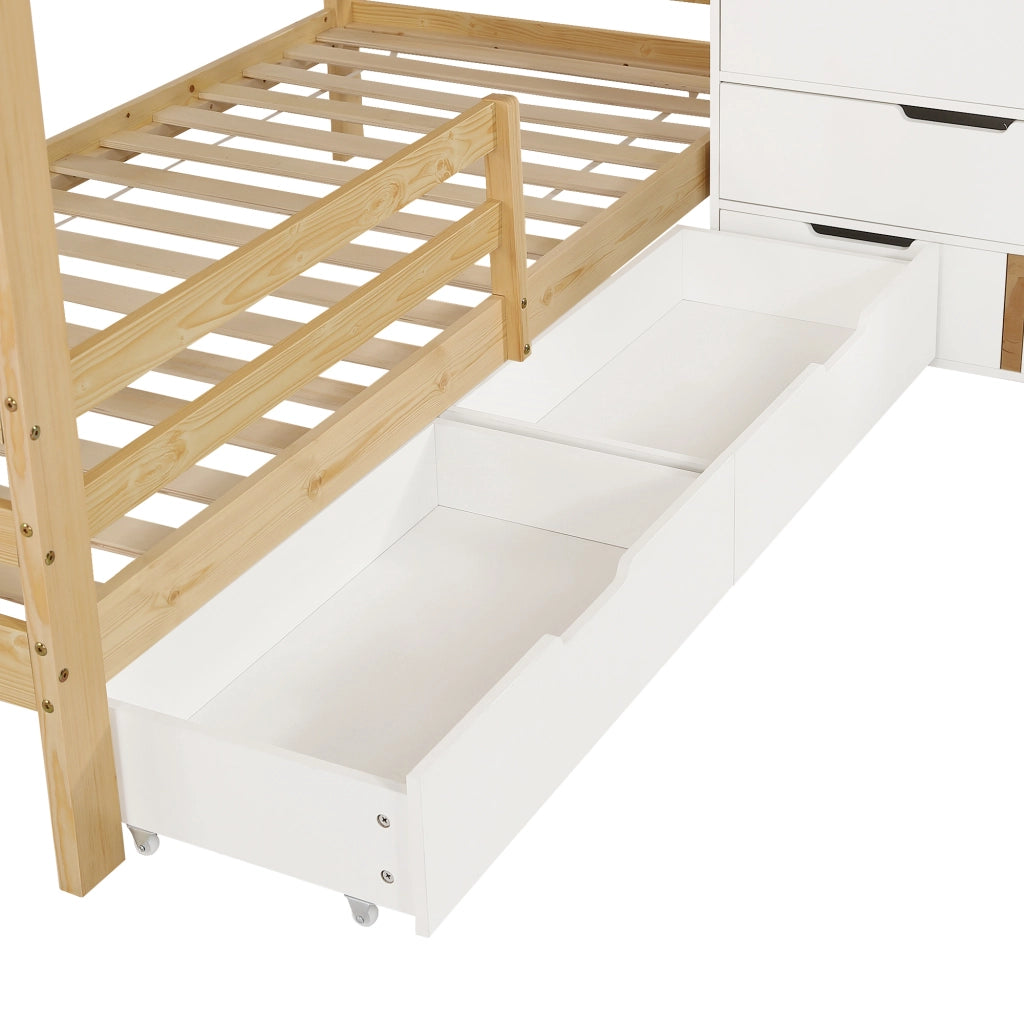 LETTO A CASTELLO 90x200 cm Bianco e Naturale con cassetti e scala di sicurezza