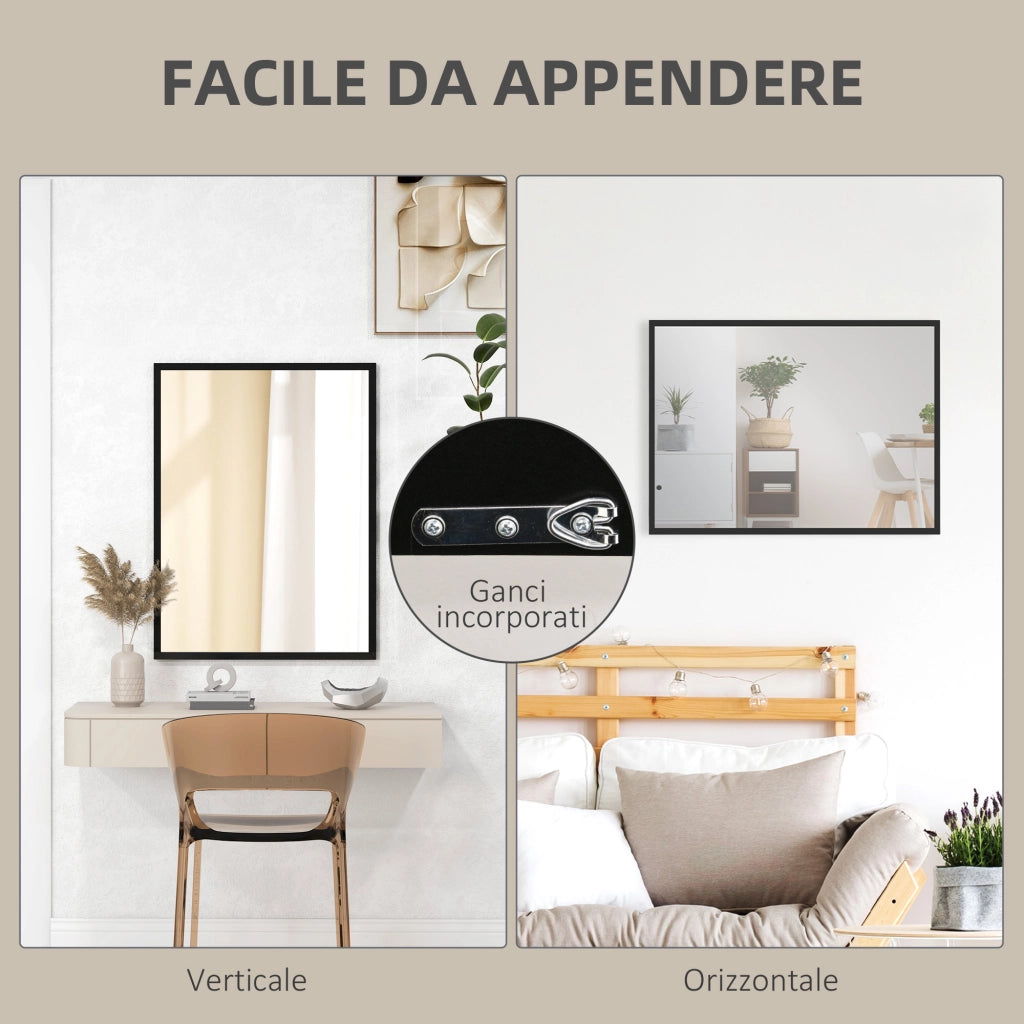 Specchio con Ganci ¨C Minimal ¨C Nero, Vetro e MDF, 60x80 cm