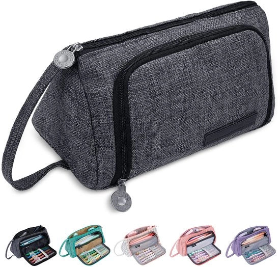 Etui Grosso, 2 Compartimenti con Maniglia, Organizzatore Portatile per Materiali di Ufficio, Etui, Carrello per Scuola, Ufficio, Ragazze, Donne (Grigio)
