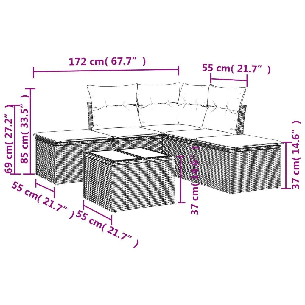Set Divano da Giardino 6 pz con Cuscini Nero in Polyrattan