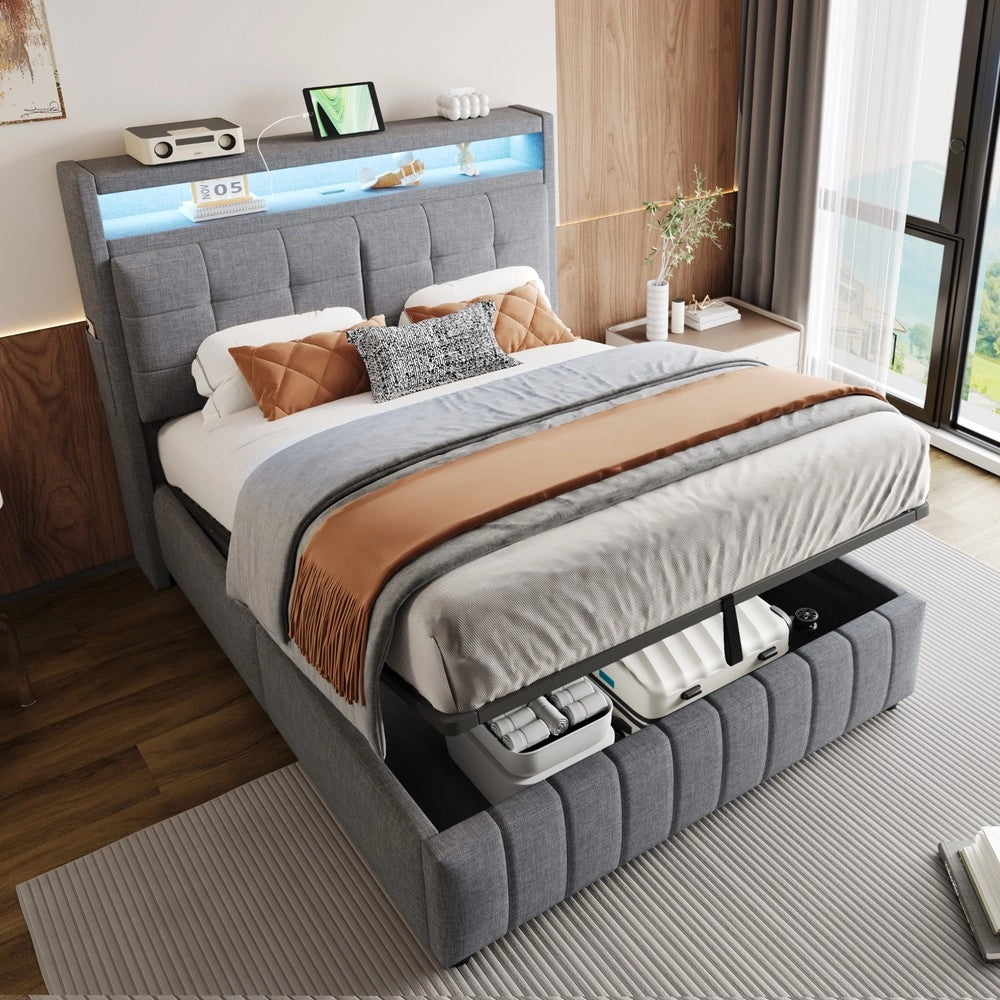 Letto Imbottito Contenitore 140x200 con LED ¨C Xylo ¨C Tessuto Grigio, Idraulico, Rete a Doghe