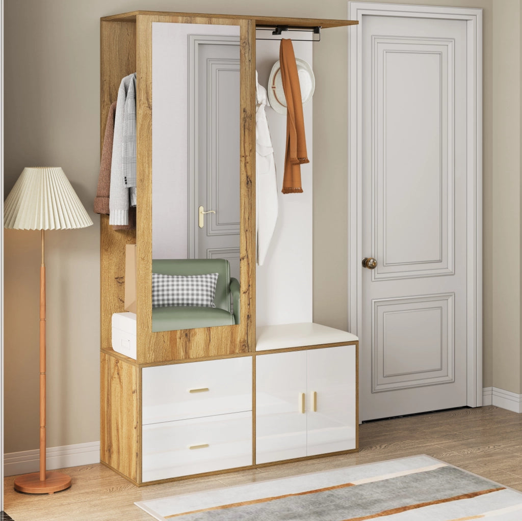 Guardaroba da ingresso 100x38x180 cm con specchio; panca e scarpiera bianco e naturale
