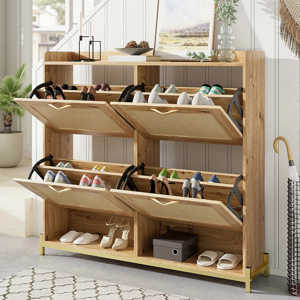 Armadio per scarpe in legno elegante - Xylo - 4 porte in rattan e ripiano superiore