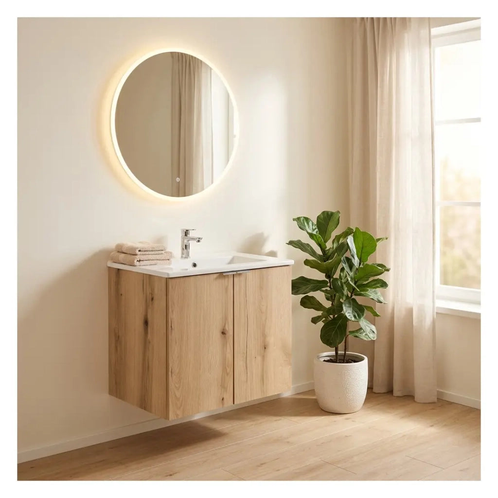 Set da bagno sospeso VANO in rovere e bianco 50cm: mobili sotto lavabo con armadietti + lavabo incassato
