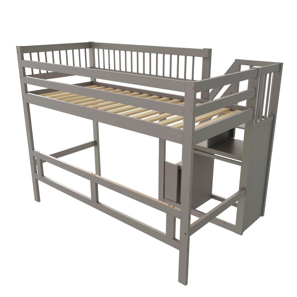 Letto a soppalco in legno massello con scala contenitore e recinzione alta; grigio; 90x200 cm; senza materasso