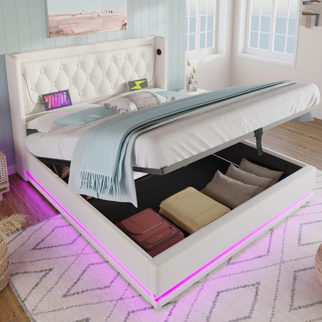 Letto contenitore matrimoniale 140×200 cm con LED; USB Type-C; testiera imbottita; materasso incluso; PU; bianco