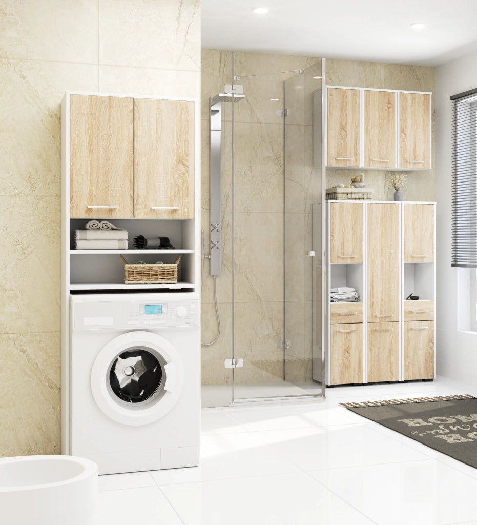 Colonna da bagno AKORD FIN Bianca 30 cm 2 ante 1 cassetto inserto frontale Sonoma Quercia 30x30x140 cm