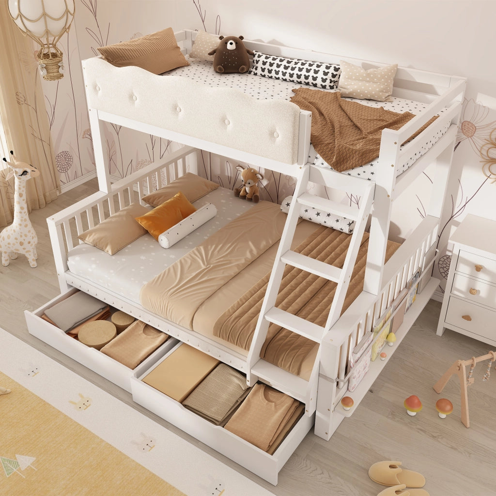 Letto a castello 90×200 cm e 140×200 cm con 2 cassetti e portariviste; senza materasso; legno; bianco