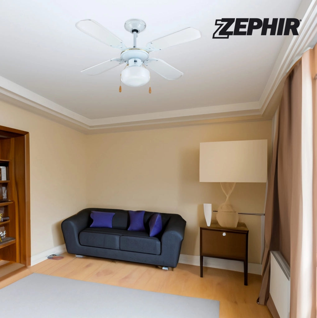 Ventilatore a Soffitto ZEPHIR 4 Pale 107 cm con Luce E27 60W, 3 Velocità, Reversibile, Comando a Cordicella, Design in Legno e Paglia di Vienna Effetto Rattan Bianco 70W Metallo e Legno