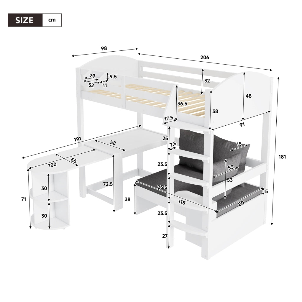 LETTO A CASTELLO per bambini con scrivania estraibile 90x200 cm bianco