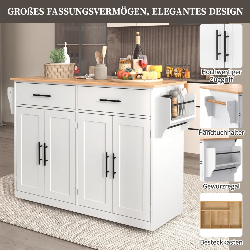 Carrello cucina multifunzione con piano ribaltabile 120x46(70)x91;5 cm; bianco e naturale