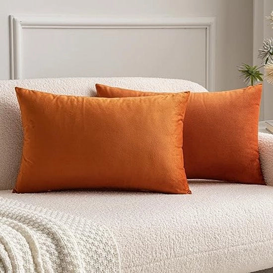 Set di 2 coprifuoco in velluto Decorativi cuscini di supporto Cuscini per divano Cuscini per schiena Coprifuoco con cerniera nascosta Divano Camera da letto 30 x 50 cm 12 x 20 pollici Arancione