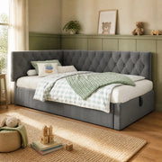 DESMIU Divano letto 90 × 190 cm 1 posto con contenitore idraulico e testiera reversibile, senza materasso, in velluto, grigio