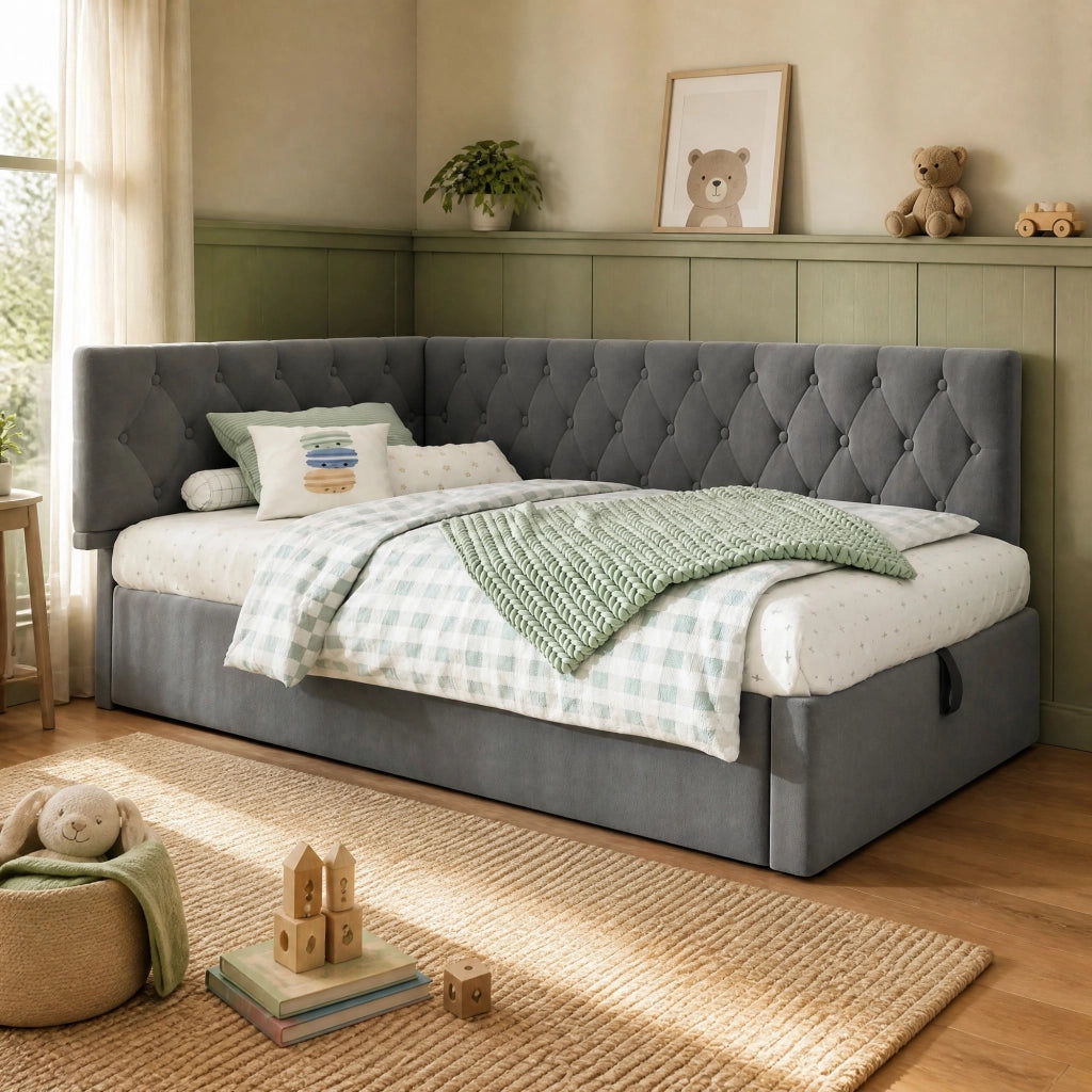 DESMIU Divano letto 90 × 190 cm 1 posto con contenitore idraulico e testiera reversibile, senza materasso, in velluto, grigio
