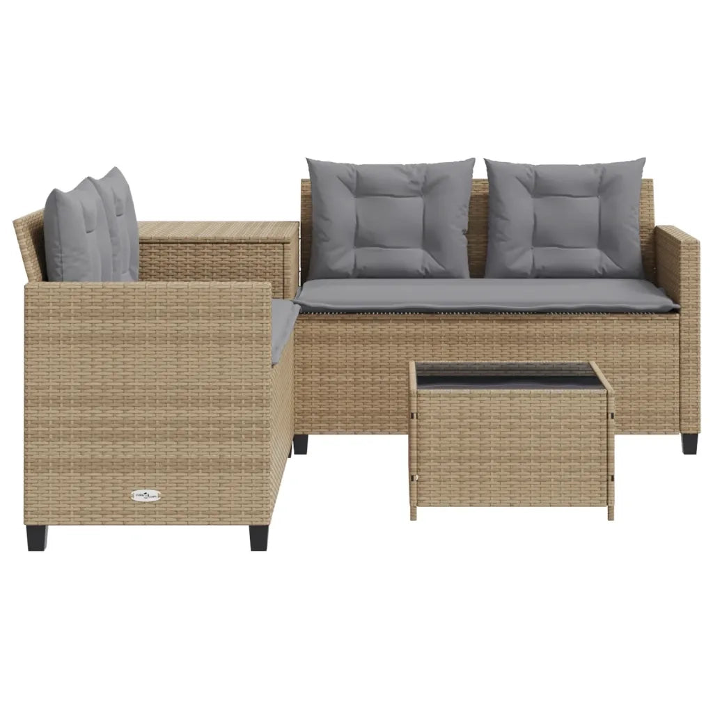 Divano da Giardino con Tavolo e Cuscini a L Beige in Polyrattan 369030