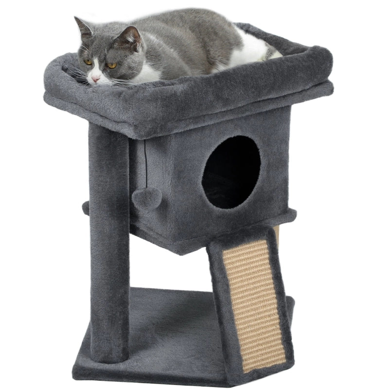 Tiragraffi per gatti con tappetino in juta, piattaforma per sdraiarsi, palla da gioco, casetta per gatti, beige, 40 x 40 x 57 cm