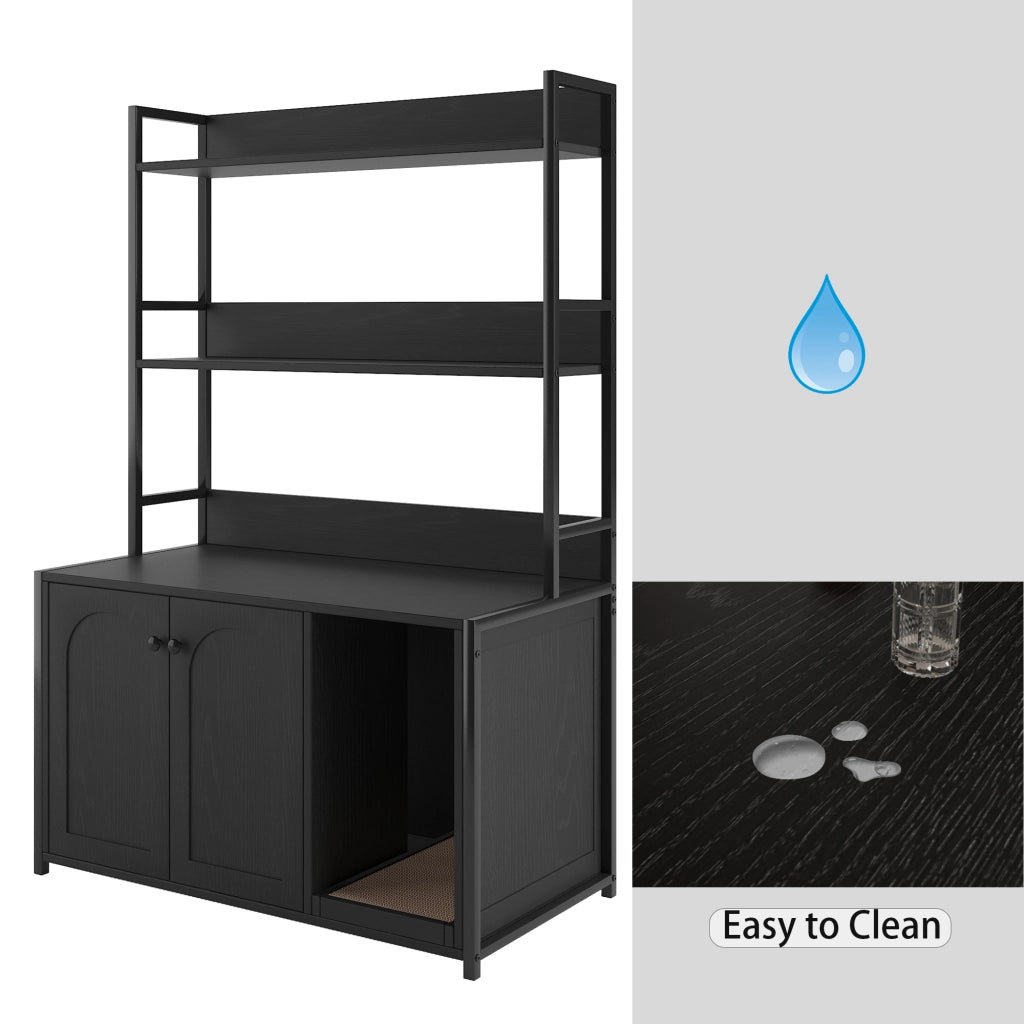 MOBILETTO LETTIERA per gatti con scaffali 3 livelli, nero, MDF e metallo