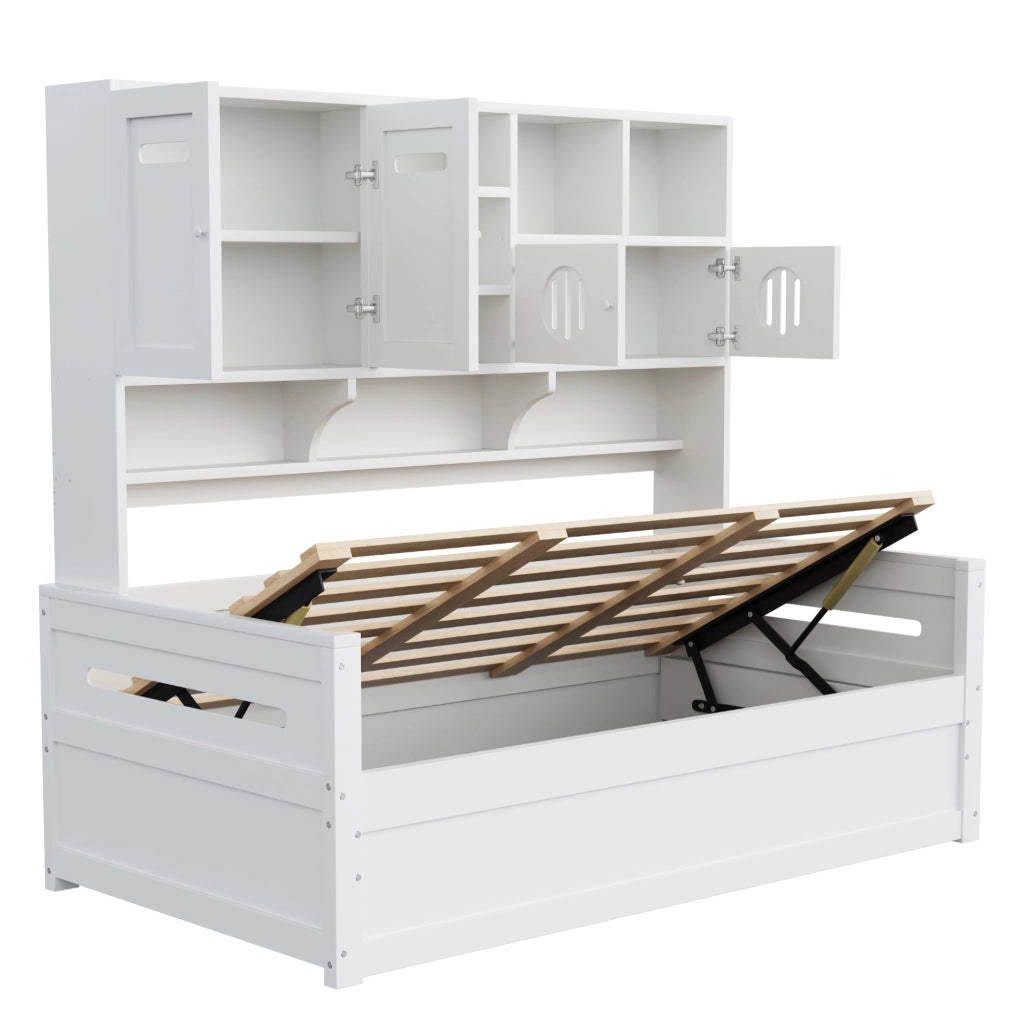 Letto singolo contenitore 90×200 cm con vani portaoggetti e rete idraulica; senza materasso; legno; bianco