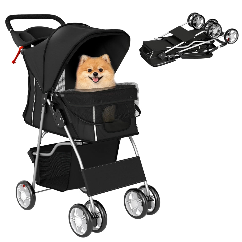 Passeggino per Cani Pieghevole con Cestino e Portabicchiere, Peso Max. 10 kg, 77x44x102 cm, Nero