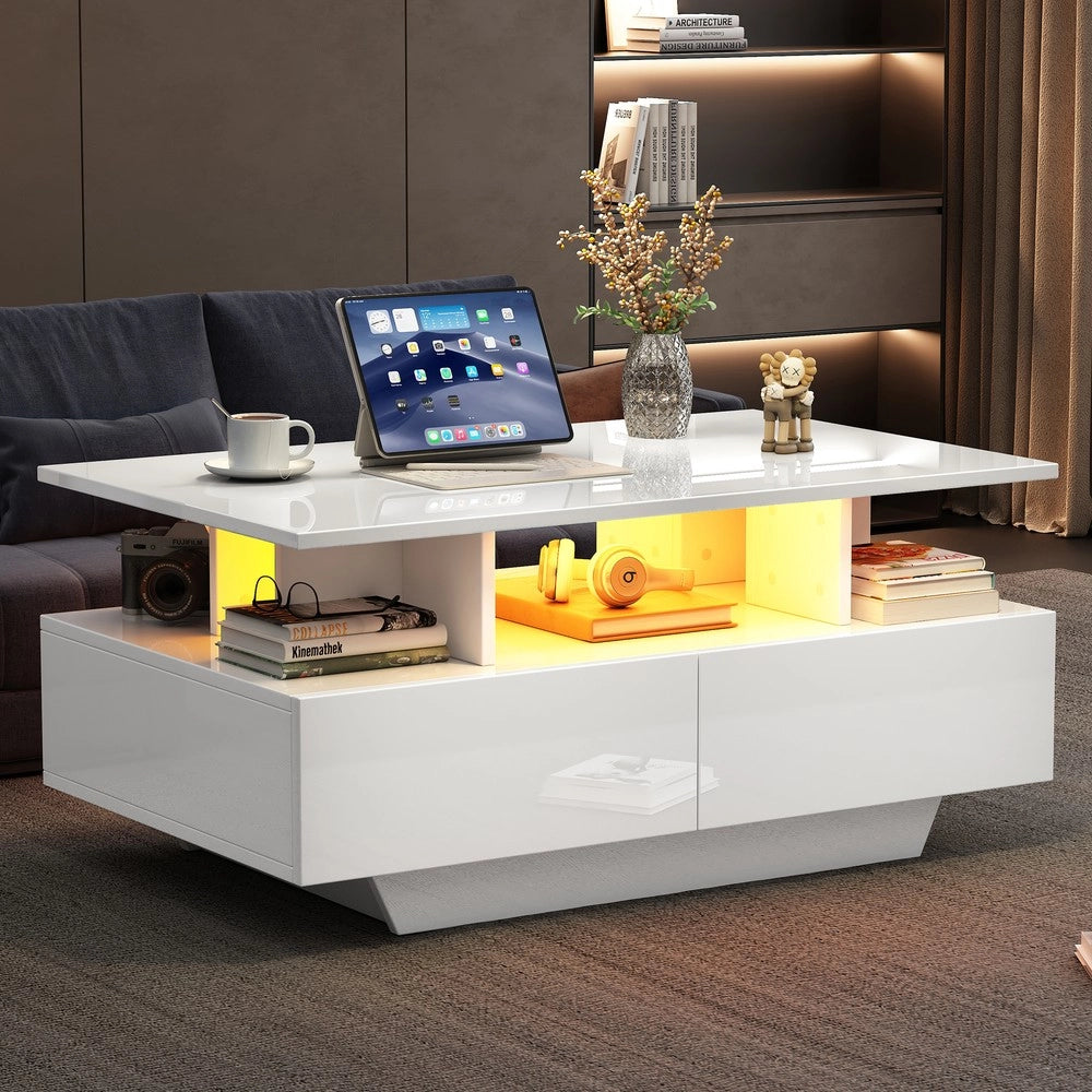 Tavolino da Caff¨¨ con LED e 2 Cassetti ¨C Xylo ¨C Bianco Lucido 90x55x41 cm