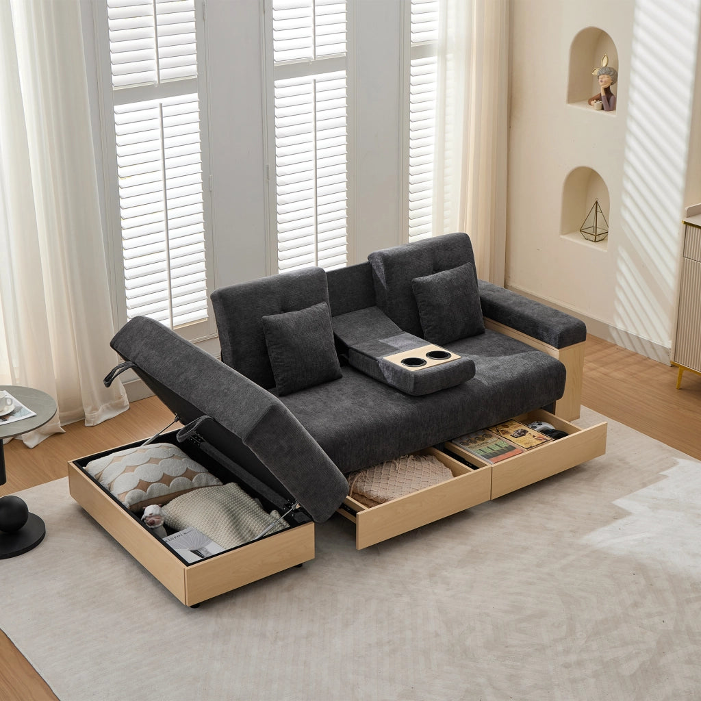DIVANO letto 217x110x90 cm Chenille Grigio con contenitore e 2 cassetti